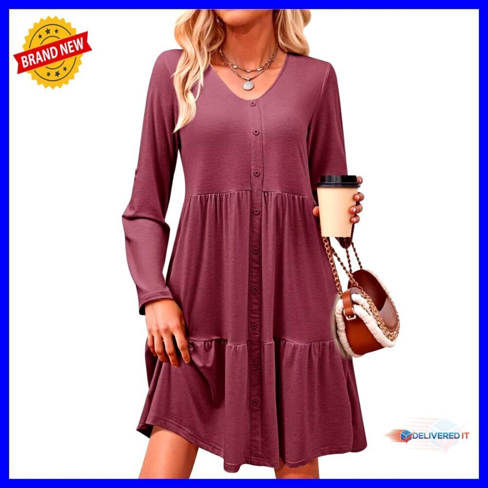 V Neck Button Up Long Sleeve Empire Waist Ruffle Tiered Mini Dress with Pockets